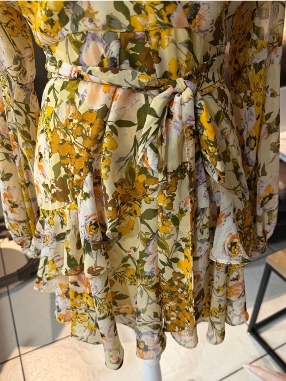 Luxxel Floral Wrap Long Sleeve Mini Dress in Mustard and Cream - Picture 5 of 7